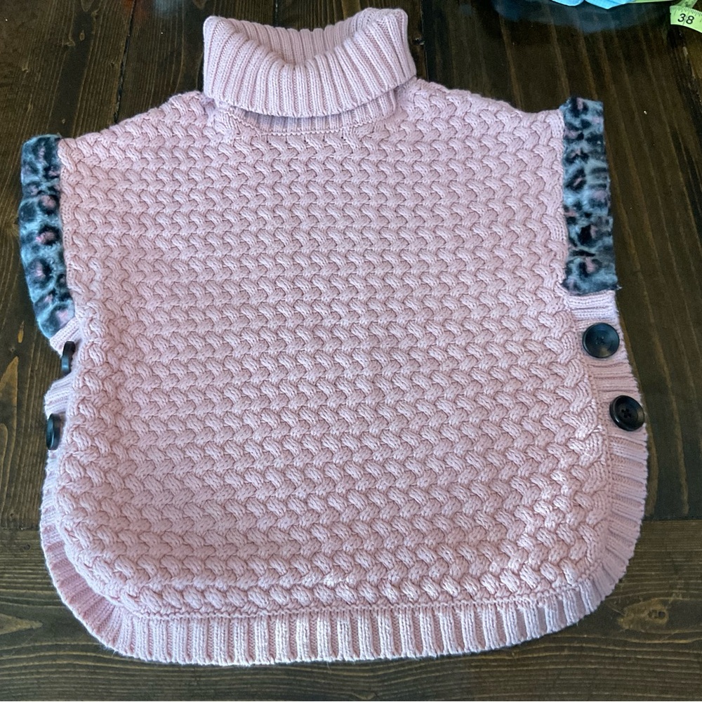 Pink Knit Poncho with Leopard Accents